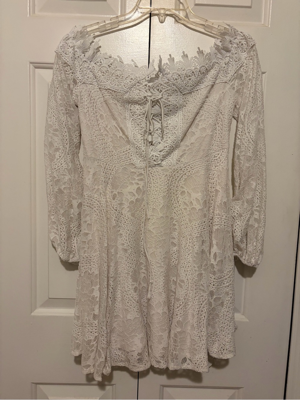 White Long-Sleeve Lace Mini Dress with Lace-Up Front
